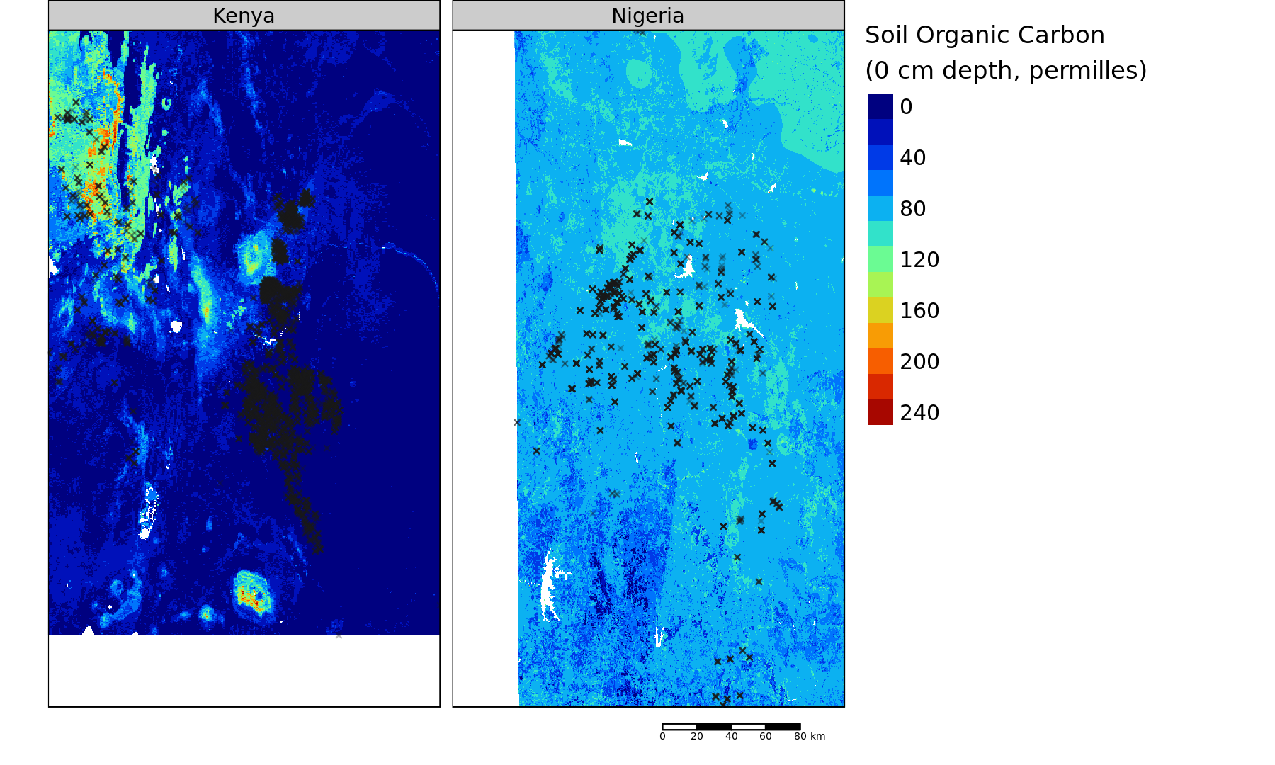 Soil organic Carbon Content (depth 0 cm). Source: SoilGrids 250m.