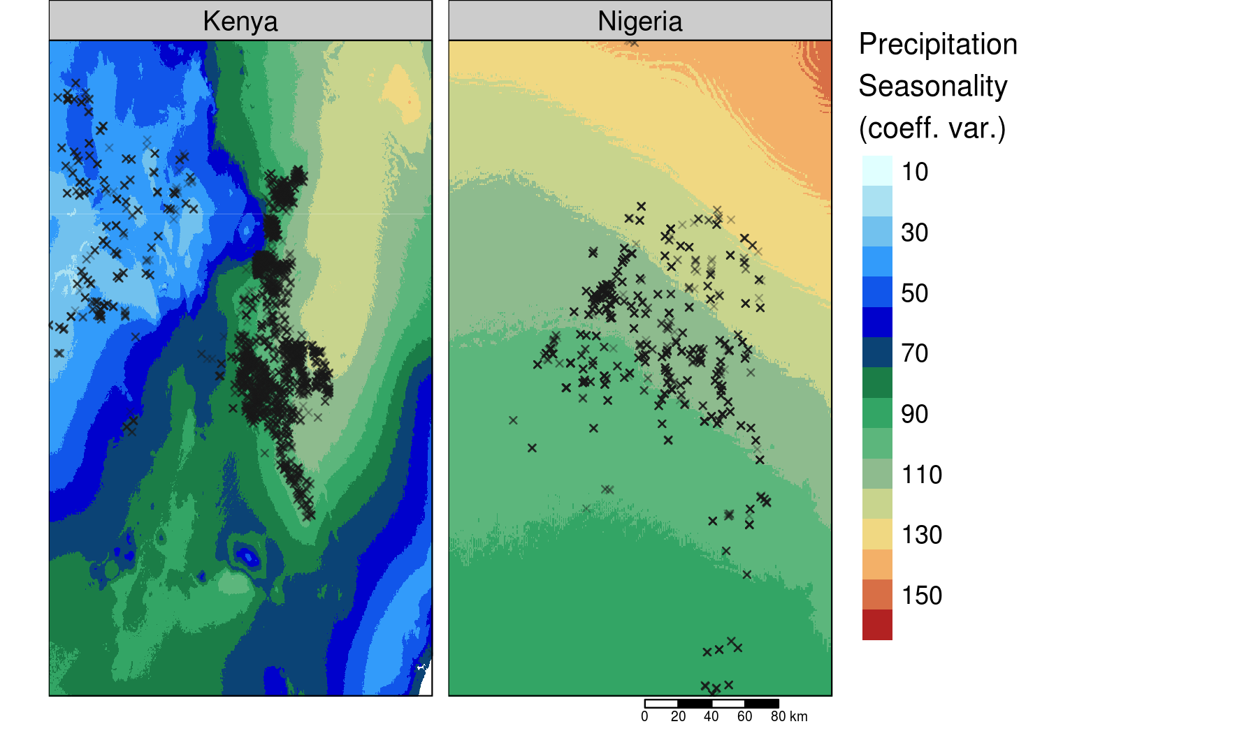 Precipitation Seasonality (coef. var., 1970-2000). Source: WorldClim.