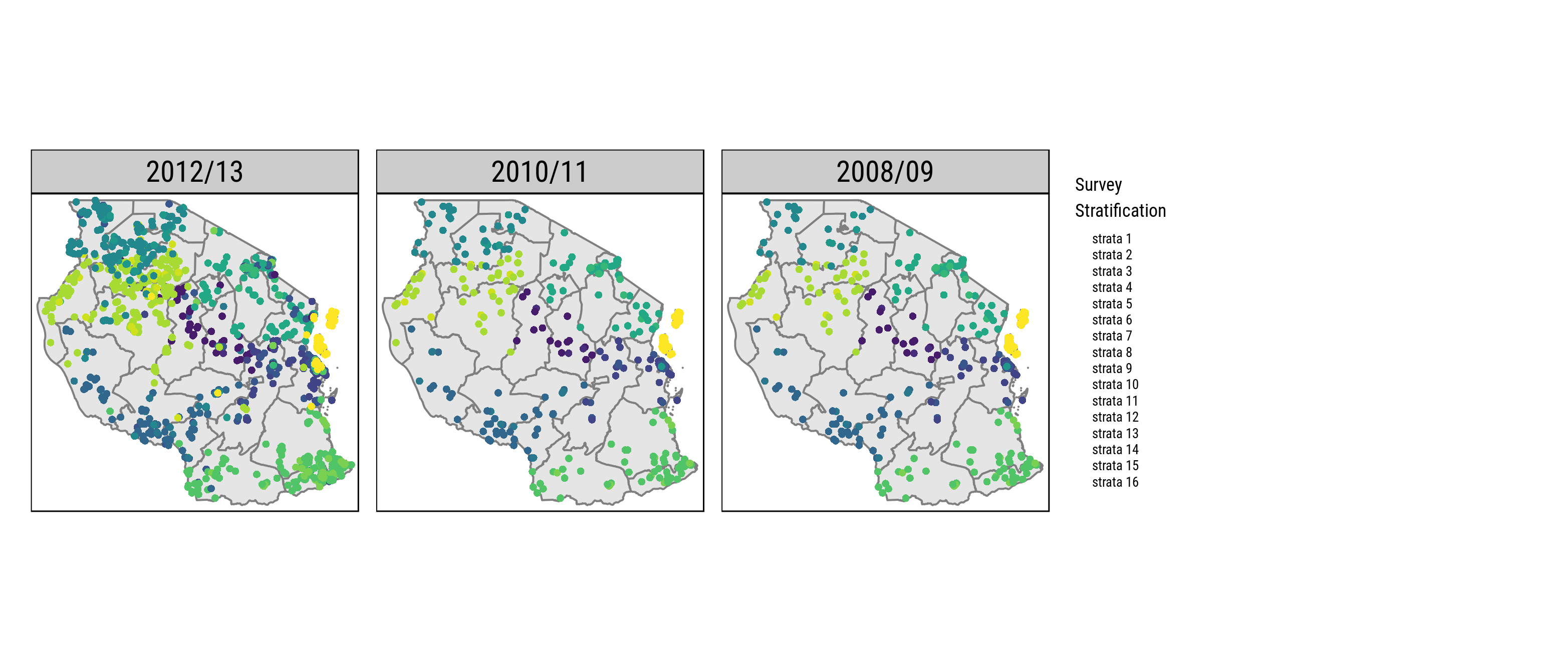 (Appoximate) Household Locations and Stratification across Survey Waves. Tanzania